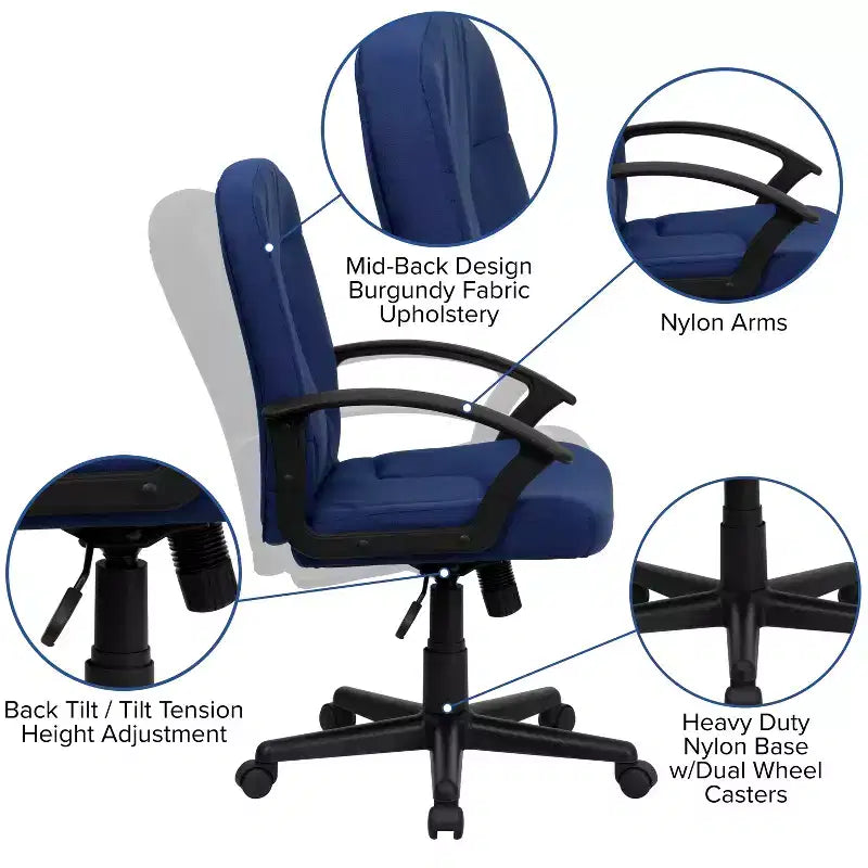 Silla de oficina ejecutiva giratoria de tela de respaldo medio Emma y Oliver con brazos de nylon