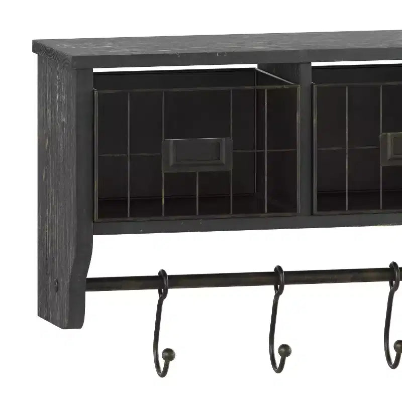 Merrick Lane Estante de almacenamiento de madera de pino macizo de 24 pulgadas para montaje en pared con estante superior, 5 ganchos y cestas de alambre para sala de estar, cocina o recibidor