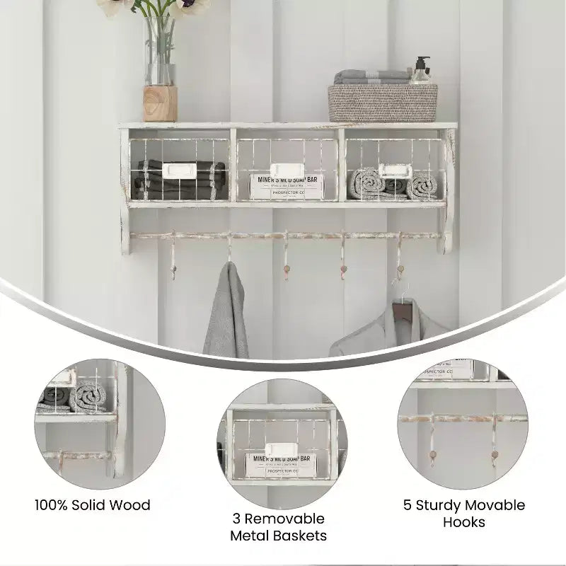 Merrick Lane Estante de almacenamiento de madera de pino macizo de 24 pulgadas para montaje en pared con estante superior, 5 ganchos y cestas de alambre para sala de estar, cocina o recibidor