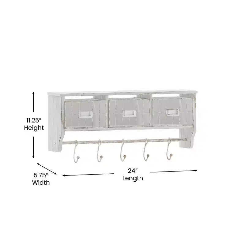 Merrick Lane Estante de almacenamiento de madera de pino macizo de 24 pulgadas para montaje en pared con estante superior, 5 ganchos y cestas de alambre para sala de estar, cocina o recibidor