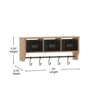 Merrick Lane Estante de almacenamiento de madera de pino macizo de 24 pulgadas para montaje en pared con estante superior, 5 ganchos y cestas de alambre para sala de estar, cocina o recibidor
