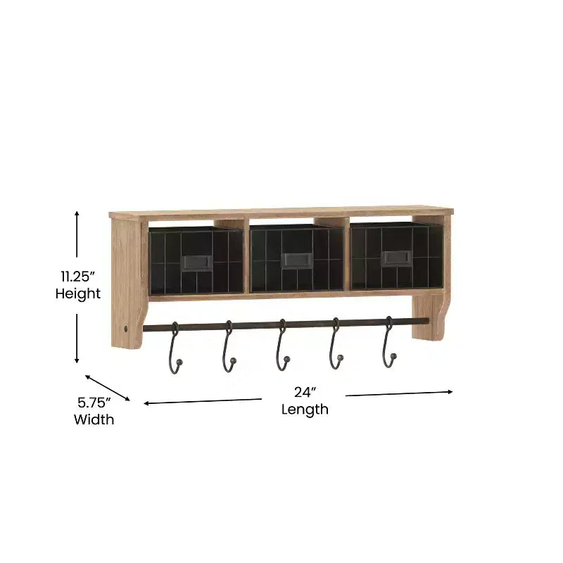 Merrick Lane Estante de almacenamiento de madera de pino macizo de 24 pulgadas para montaje en pared con estante superior, 5 ganchos y cestas de alambre para sala de estar, cocina o recibidor