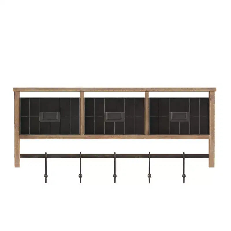 Merrick Lane Estante de almacenamiento de madera de pino macizo de 24 pulgadas para montaje en pared con estante superior, 5 ganchos y cestas de alambre para sala de estar, cocina o recibidor
