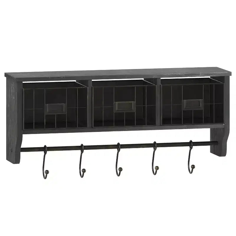 Merrick Lane Estante de almacenamiento de madera de pino macizo de 24 pulgadas para montaje en pared con estante superior, 5 ganchos y cestas de alambre para sala de estar, cocina o recibidor