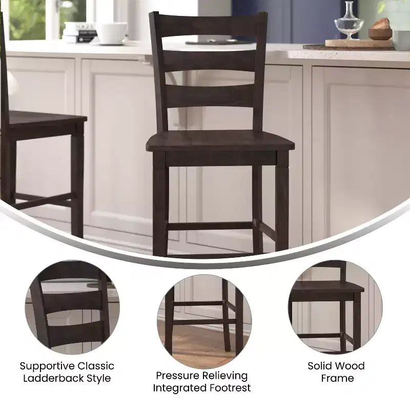 Flash Furniture Liesel - Juego de 2 taburetes de bar comerciales de madera maciza, estilo clásico, con respaldo de escalera, altura de bar