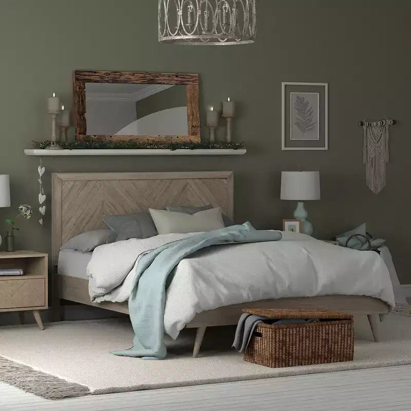 Estructura de cama de plataforma de madera con cabecero en forma de cheurón - eLuxury