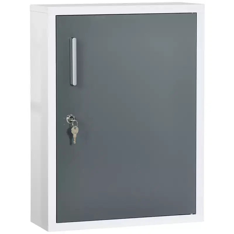 kleankin Bathroom Medicine Cabinet with Shelves Inside & On Door, Locking Medical Cabinet for Safety, First Aid Bathroom Wall Cabinet, White & Grey