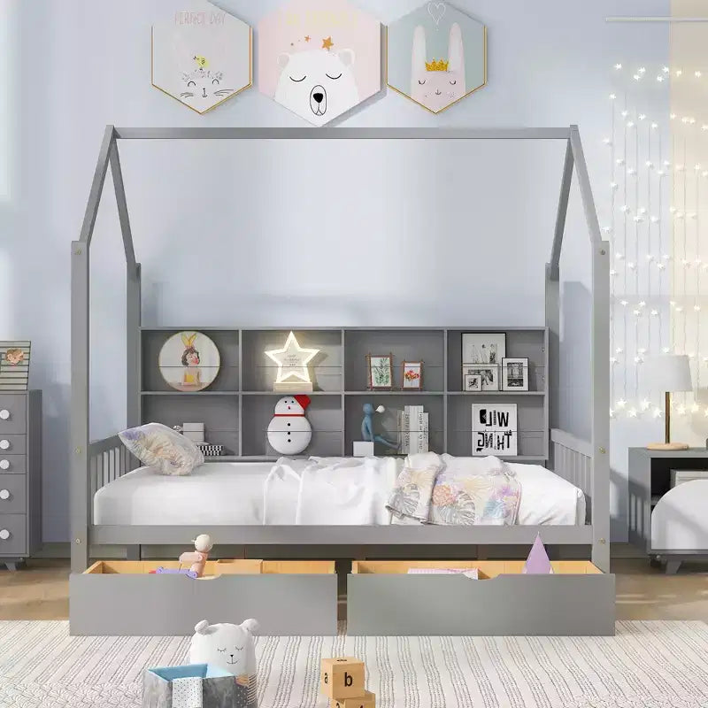 Cama de plataforma de madera con nido y estante - ModernLuxe