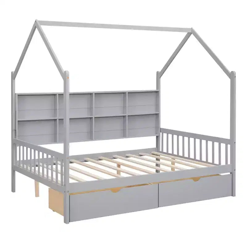 Cama de plataforma de madera con nido y estante - ModernLuxe
