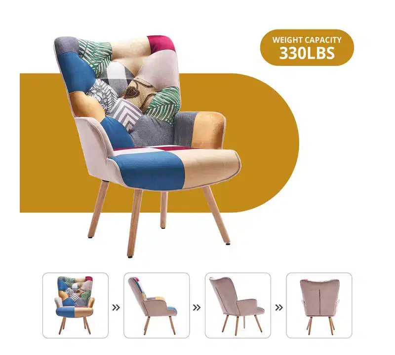 Sillón y mecedora tapizados Peace Nest con respaldo alto y patas y balancines de madera de caucho