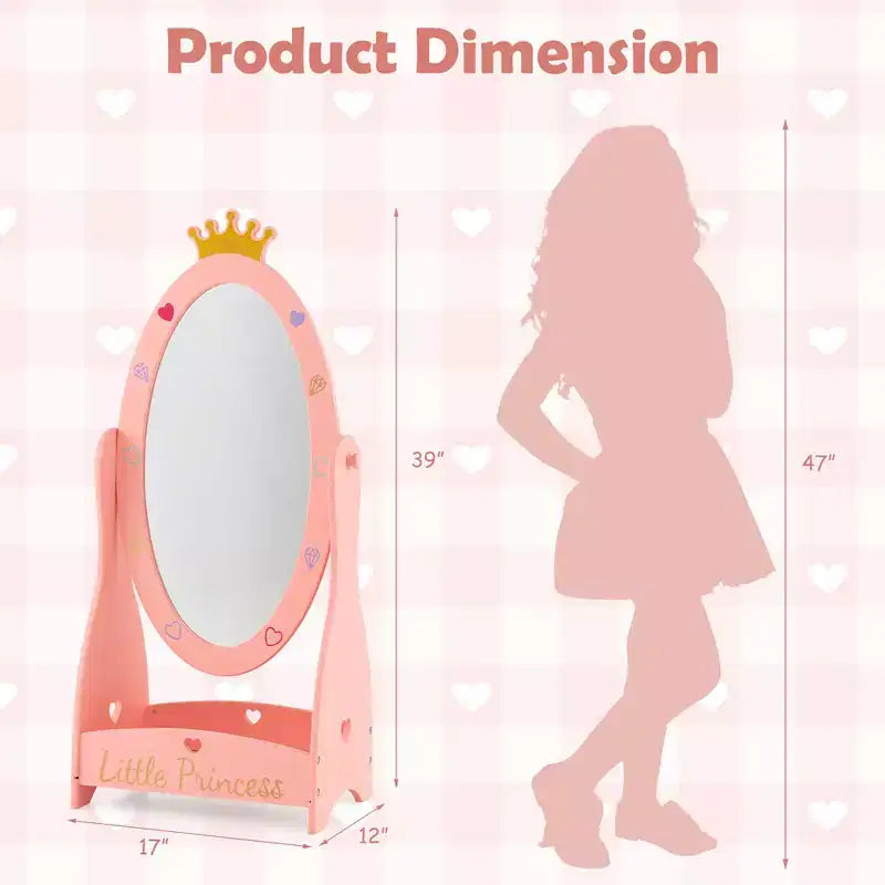 Espejo de cuerpo entero Costway para niños, de pie, de 360 grados, de madera, princesa, almacenamiento, rosa