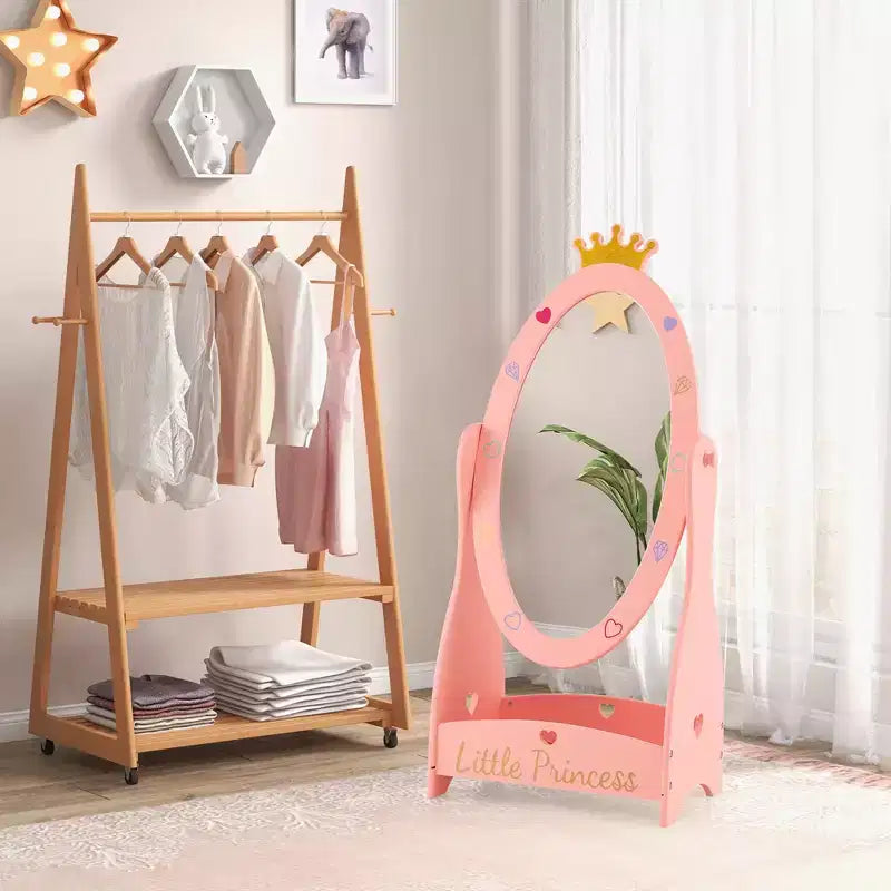 Espejo de cuerpo entero Costway para niños, de pie, de 360 grados, de madera, princesa, almacenamiento, rosa