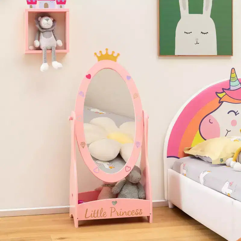 Espejo de cuerpo entero Costway para niños, de pie, de 360 grados, de madera, princesa, almacenamiento, rosa