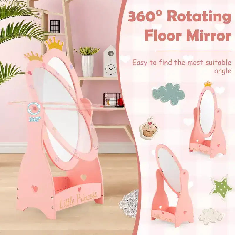 Espejo de cuerpo entero Costway para niños, de pie, de 360 grados, de madera, princesa, almacenamiento, rosa
