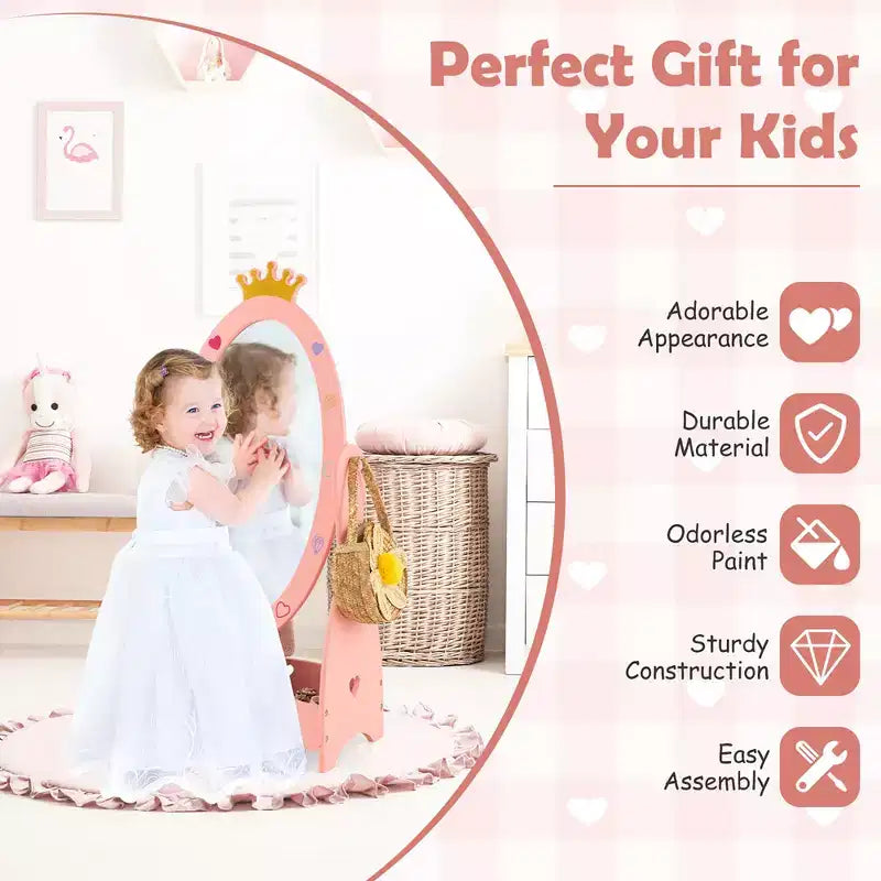Espejo de cuerpo entero Costway para niños, de pie, de 360 grados, de madera, princesa, almacenamiento, rosa