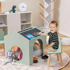 Juego de mesa y 2 sillas de madera Costway de 3 piezas para niños, con pizarra para dibujar y leer, verde/gris/blanco