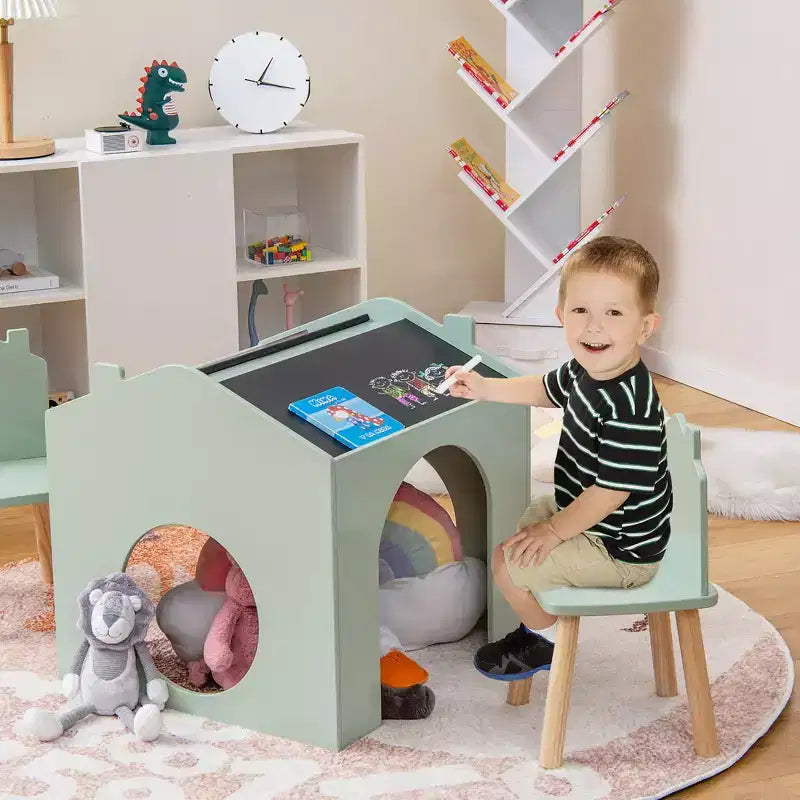 Juego de mesa y 2 sillas de madera Costway de 3 piezas para niños, con pizarra para dibujar y leer, verde/gris/blanco