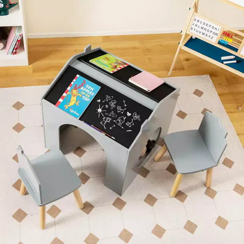 Juego de mesa y 2 sillas de madera Costway de 3 piezas para niños, con pizarra para dibujar y leer, verde/gris/blanco