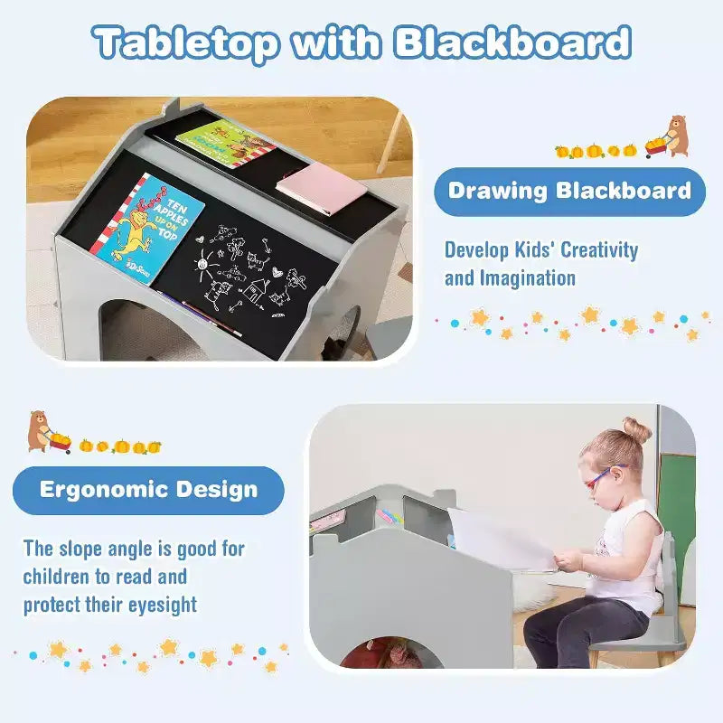 Juego de mesa y 2 sillas de madera Costway de 3 piezas para niños, con pizarra para dibujar y leer, verde/gris/blanco