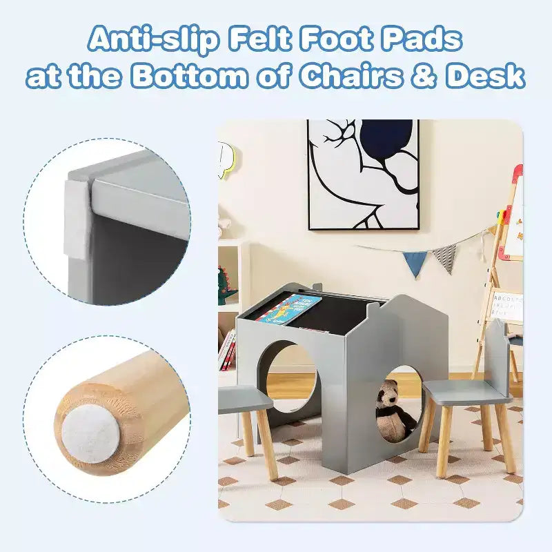 Juego de mesa y 2 sillas de madera Costway de 3 piezas para niños, con pizarra para dibujar y leer, verde/gris/blanco
