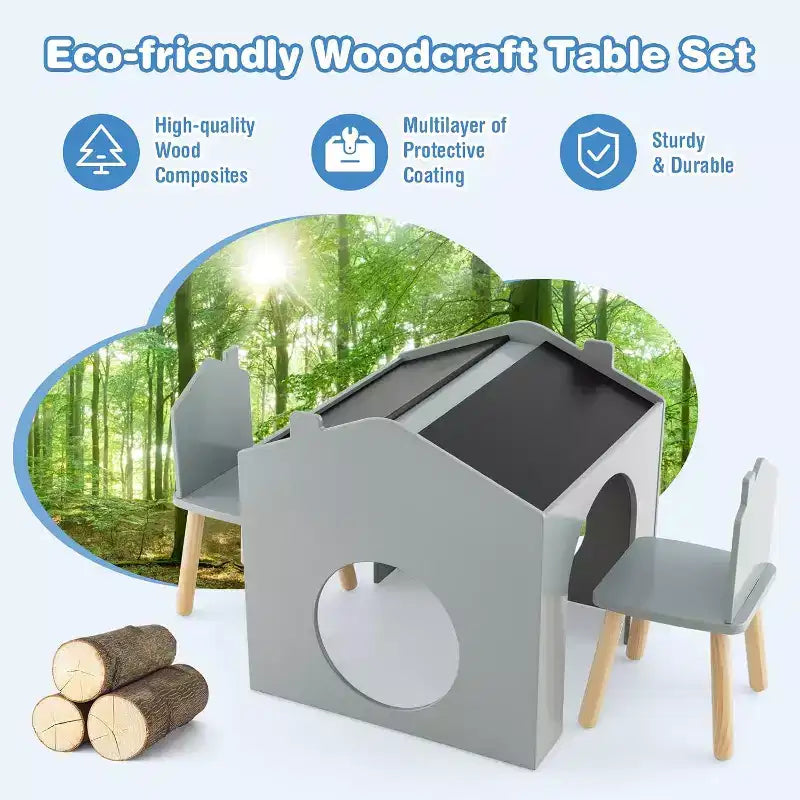 Juego de mesa y 2 sillas de madera Costway de 3 piezas para niños, con pizarra para dibujar y leer, verde/gris/blanco