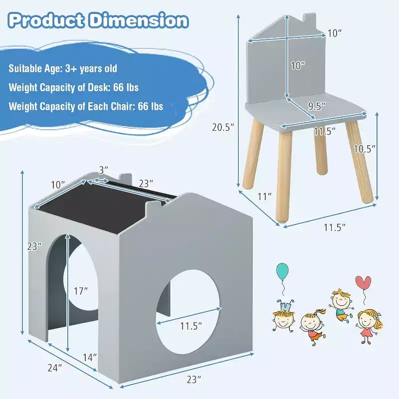 Juego de mesa y 2 sillas de madera Costway de 3 piezas para niños, con pizarra para dibujar y leer, verde/gris/blanco
