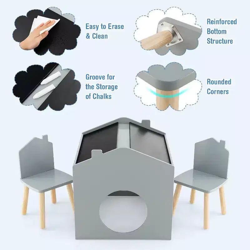 Juego de mesa y 2 sillas de madera Costway de 3 piezas para niños, con pizarra para dibujar y leer, verde/gris/blanco