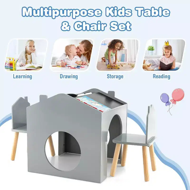 Juego de mesa y 2 sillas de madera Costway de 3 piezas para niños, con pizarra para dibujar y leer, verde/gris/blanco