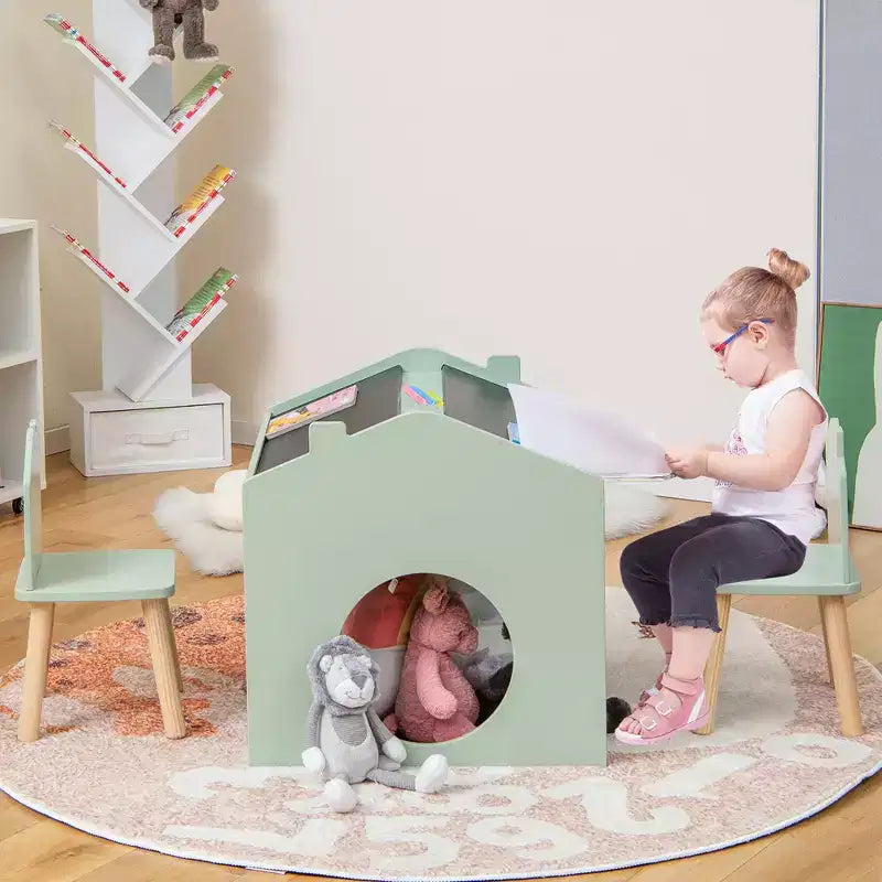 Juego de mesa y 2 sillas de madera Costway de 3 piezas para niños, con pizarra para dibujar y leer, verde/gris/blanco