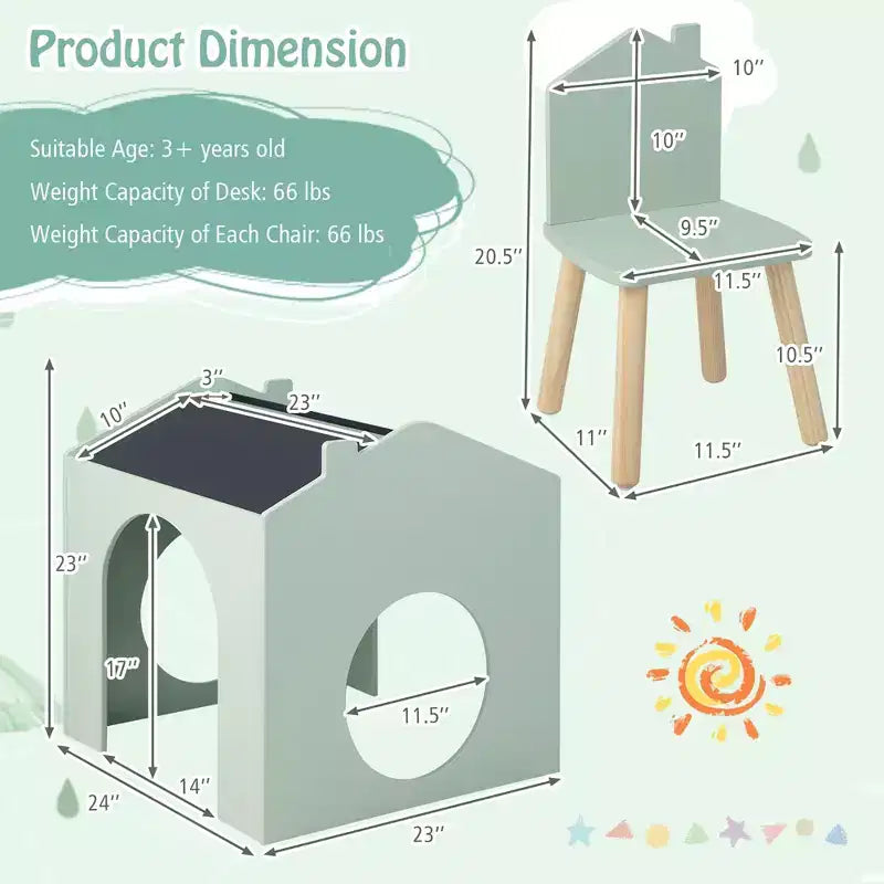Juego de mesa y 2 sillas de madera Costway de 3 piezas para niños, con pizarra para dibujar y leer, verde/gris/blanco