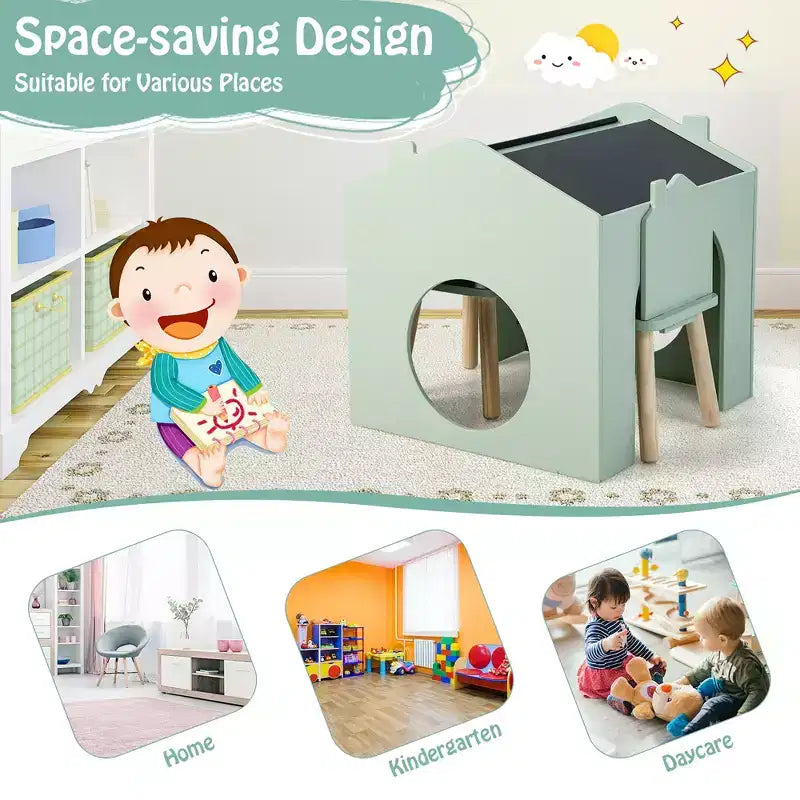 Juego de mesa y 2 sillas de madera Costway de 3 piezas para niños, con pizarra para dibujar y leer, verde/gris/blanco