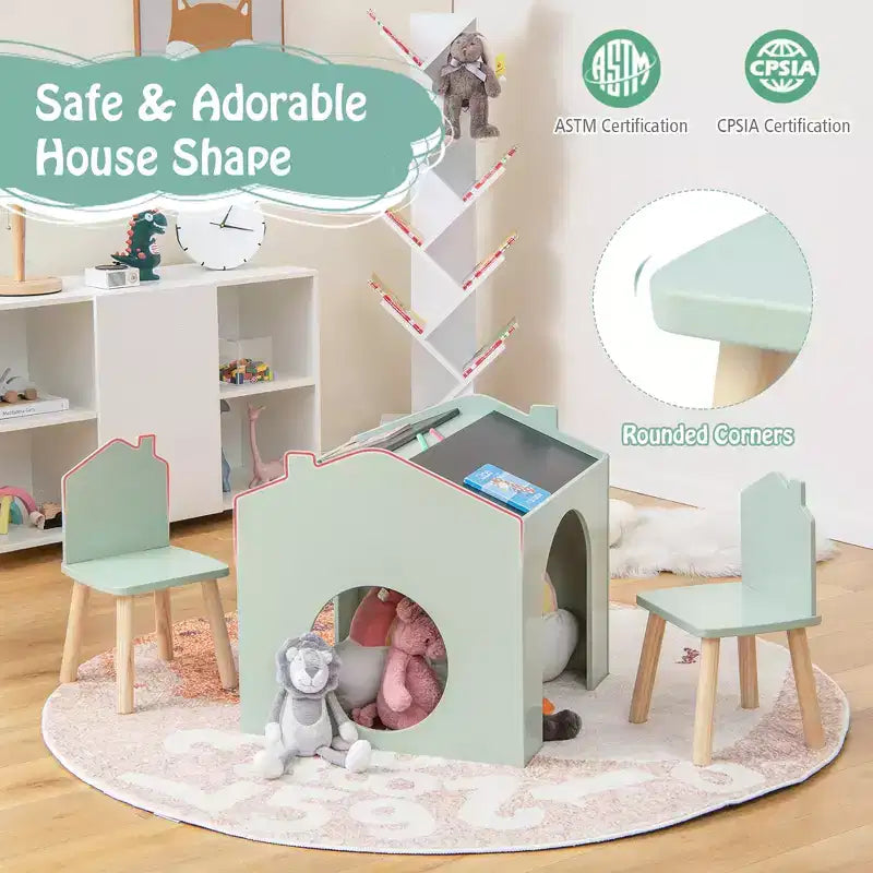Juego de mesa y 2 sillas de madera Costway de 3 piezas para niños, con pizarra para dibujar y leer, verde/gris/blanco