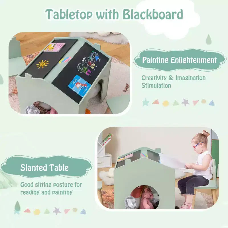 Juego de mesa y 2 sillas de madera Costway de 3 piezas para niños, con pizarra para dibujar y leer, verde/gris/blanco