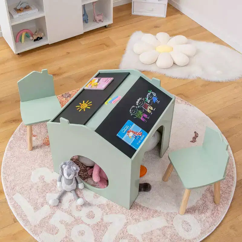 Juego de mesa y 2 sillas de madera Costway de 3 piezas para niños, con pizarra para dibujar y leer, verde/gris/blanco