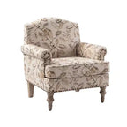 Yahweh Sillón tapizado de madera de transición con diseño de patrón floral, brazos con panel y respaldo de camello | ART OF LIVING DESIGNS