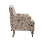 Yahweh Sillón tapizado de madera de transición con diseño de patrón floral, brazos con panel y respaldo de camello | ART OF LIVING DESIGNS