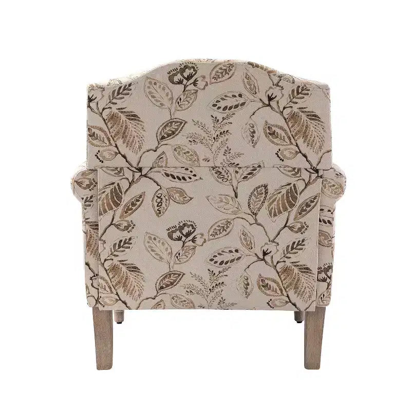 Yahweh Sillón tapizado de madera de transición con diseño de patrón floral, brazos con panel y respaldo de camello | ART OF LIVING DESIGNS