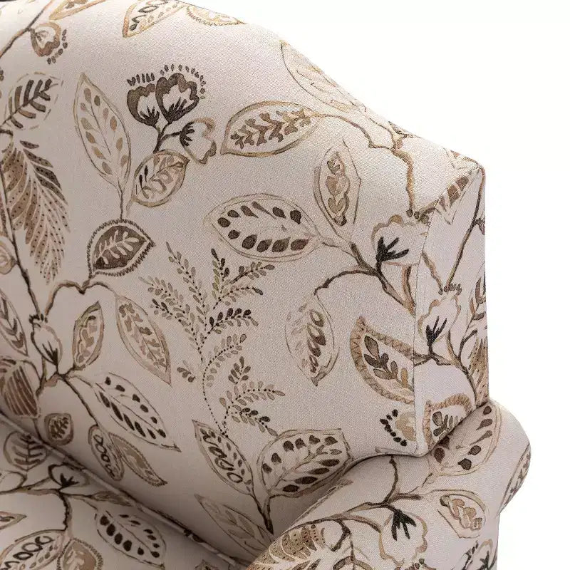 Yahweh Sillón tapizado de madera de transición con diseño de patrón floral, brazos con panel y respaldo de camello | ART OF LIVING DESIGNS