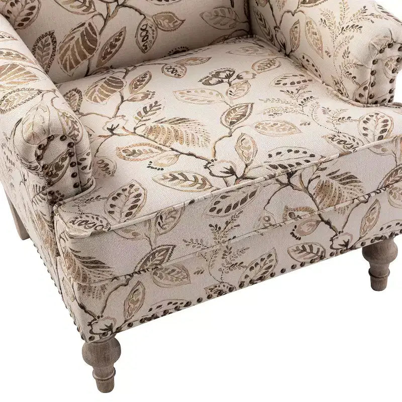 Yahweh Sillón tapizado de madera de transición con diseño de patrón floral, brazos con panel y respaldo de camello | ART OF LIVING DESIGNS