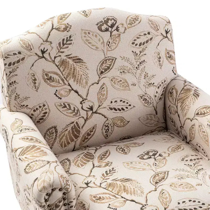Yahweh Sillón tapizado de madera de transición con diseño de patrón floral, brazos con panel y respaldo de camello | ART OF LIVING DESIGNS