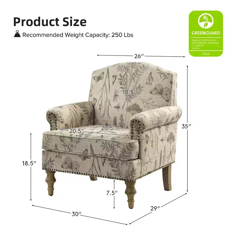 Yahweh Sillón tapizado de madera de transición con diseño de patrón floral, brazos con panel y respaldo de camello | ART OF LIVING DESIGNS
