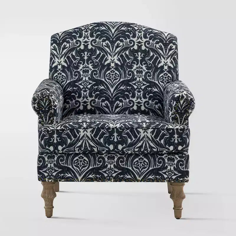Yahweh Sillón tapizado de madera de transición con diseño de patrón floral, brazos con panel y respaldo de camello | ART OF LIVING DESIGNS