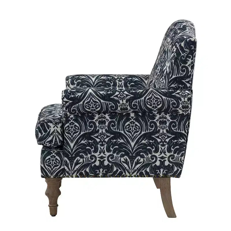 Yahweh Sillón tapizado de madera de transición con diseño de patrón floral, brazos con panel y respaldo de camello | ART OF LIVING DESIGNS