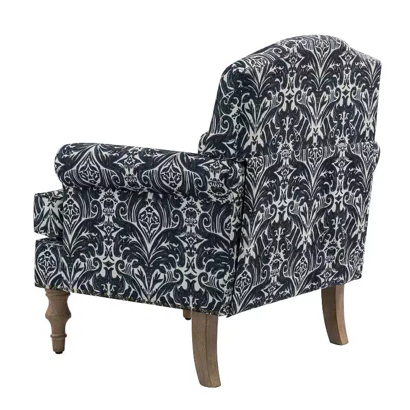 Yahweh Sillón tapizado de madera de transición con diseño de patrón floral, brazos con panel y respaldo de camello | ART OF LIVING DESIGNS