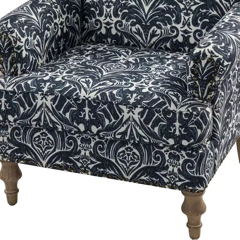 Yahweh Sillón tapizado de madera de transición con diseño de patrón floral, brazos con panel y respaldo de camello | ART OF LIVING DESIGNS