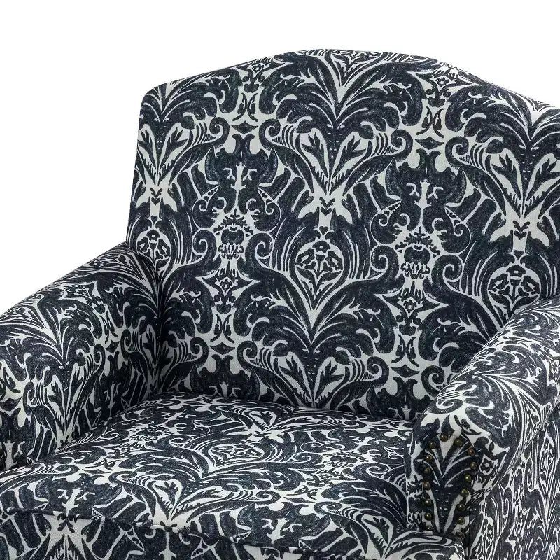 Yahweh Sillón tapizado de madera de transición con diseño de patrón floral, brazos con panel y respaldo de camello | ART OF LIVING DESIGNS