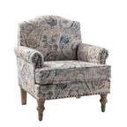 Yahweh Sillón tapizado de madera de transición con diseño de patrón floral, brazos con panel y respaldo de camello | ART OF LIVING DESIGNS
