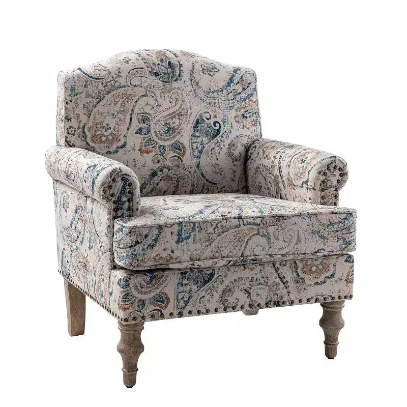 Yahweh Sillón tapizado de madera de transición con diseño de patrón floral, brazos con panel y respaldo de camello | ART OF LIVING DESIGNS