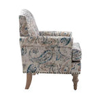 Yahweh Sillón tapizado de madera de transición con diseño de patrón floral, brazos con panel y respaldo de camello | ART OF LIVING DESIGNS