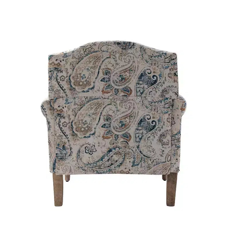 Yahweh Sillón tapizado de madera de transición con diseño de patrón floral, brazos con panel y respaldo de camello | ART OF LIVING DESIGNS